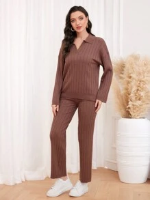 Seusyu 落肩袖套頭毛衣和針織褲 - 駝色 - 查看 1