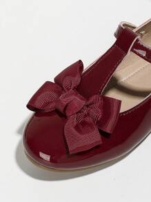 秋冬復古休閒女孩單鞋,大孩子們可愛蝴蝶結裝飾公主表現平底鞋 - 酒紅色 - 查看 6