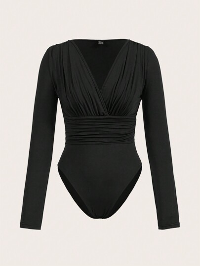 Slaydiva Surplice Neck Ruched Bodysuit