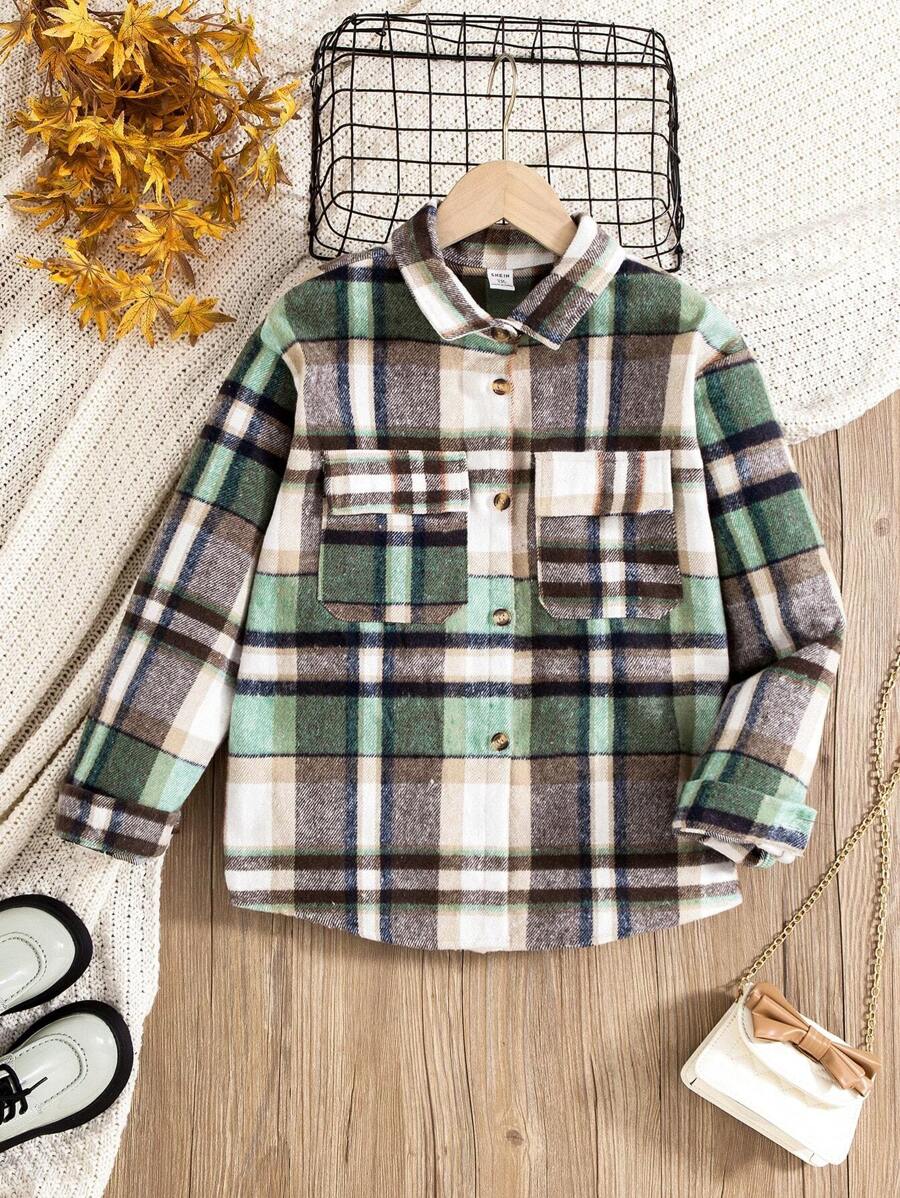 SHEIN Tween Girl Plaid Print Flap Pocket Shirt - Multicolor - View 1