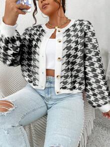 SHEIN Qutie 大碼千鳥格圖案落肩袖開襟衫 - 黑色 - 查看 4