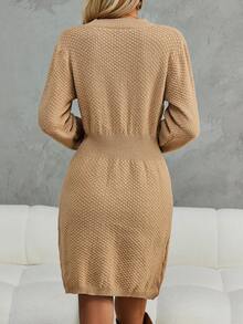 SHEIN Clasi Cable Knit Sweater Dress - Khaki - View 2