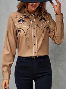 SHEIN Clasi Floral Print Contrast Piping Shirt - Khaki - View 3