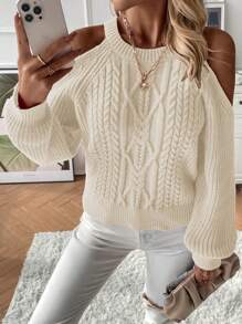SHEIN LUNE Cold Shoulder Cable Knit Sweater - White - View 4
