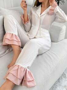 Lapel Neck Pocket Patched Contrast Binding Ruffle Hem PJ Set / Pajama Set White Set - White - View 1