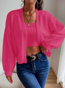 SHEIN Unity 素色針織吊帶短上衣&落肩袖開襟開衫 - 玫紅色 - 查看 4