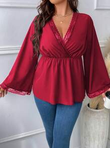 Celure Plus Contrast Lace Flare Sleeve Overlap Collar Peplum Hem Blouse - Red - View 6