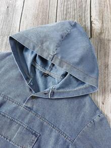 Tween Boy Flap Detail Half Button Hooded Denim Top - Medium Wash - View 5