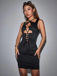 SHEIN Unity Cắt ra Lace lên phía trước Đầm - màu đen - Xem 4