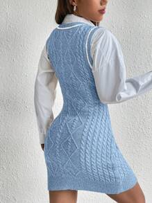 Flirla 1pc Striped Trim Cable Knit Sweater Dress