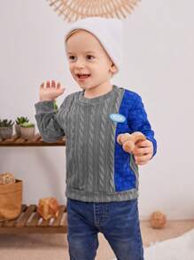 SHEIN Baby Boy Colorblock Letter Patched Detail Cable Knit Sweatshirt - Multicolor - View 1