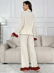 拼接荷葉邊休閒服套裝 - 米色 - 查看 2