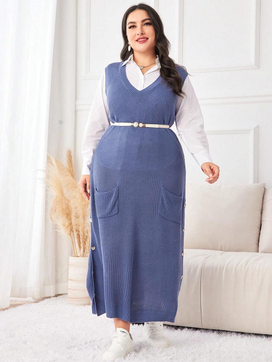 Mulvari Plus 1pc Dual Pocket Split Hem Sleeveless Sweater Dress Without Belt - Grey - View 1