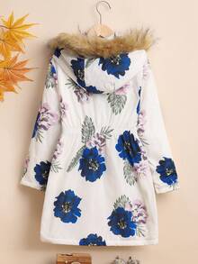 SHEIN Tween Girl Floral Print Fuzzy Trim Hooded Thermal Lined Coat - White - View 2