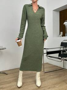 SHEIN Essnce Solid Drop Shoulder Dress - Green - View 1