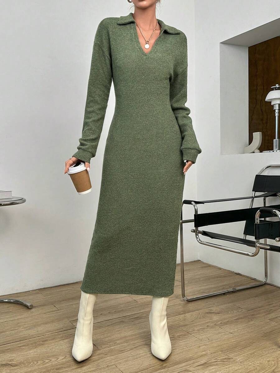 SHEIN Essnce Solid Drop Shoulder Dress - Green - View 1