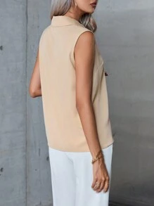 SHEIN Privé 素色無袖襯衫 - 杏色 - 查看 2
