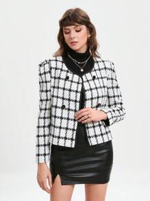 GENKIRA Plaid Pattern Double Breasted Tweed Overcoat Fall Cloth For Women - Black and White - View 3