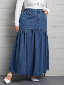 SHEIN Privé Plus High Waist Ruffle Hem Maxi Denim Skirt - Blue - View 4