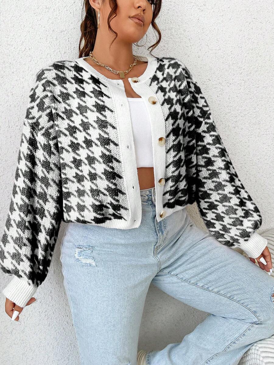 SHEIN Qutie 大碼千鳥格圖案落肩袖開襟衫 - 黑色 - 查看 1