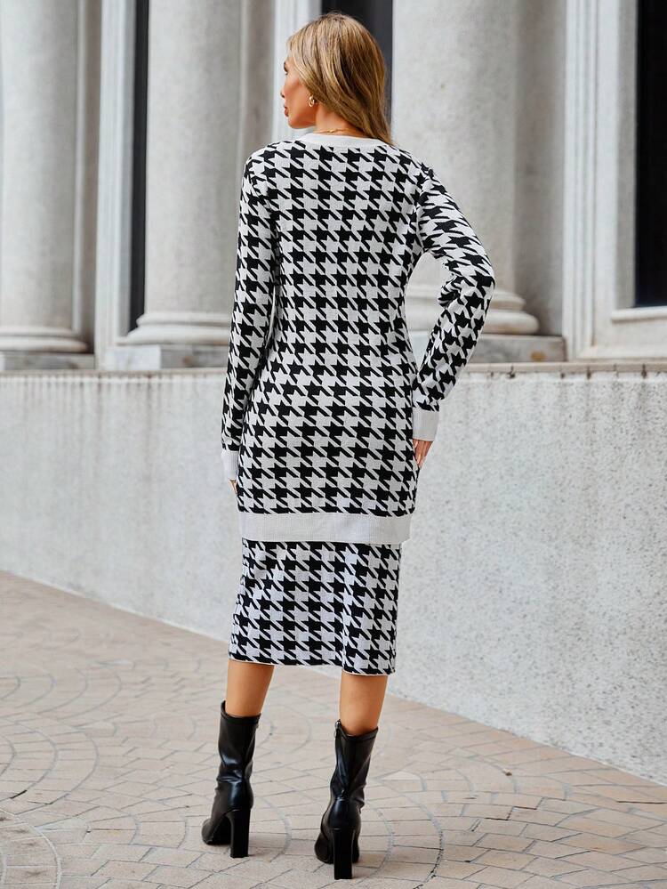 Houndstooth Print Belted Dress & Button Front Coat