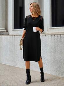 SHEIN Clasi 撞色蕾絲十字交叉正面弧形下擺運動衫洋裝（無腰帶） - 黑色 - 查看 5