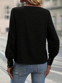 SHEIN LUNE Swiss Dot Button Front Bishop Sleeve Blouse - Black - View 2