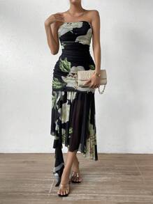 Zolique 印花褶邊荷葉邊抹胸洋裝