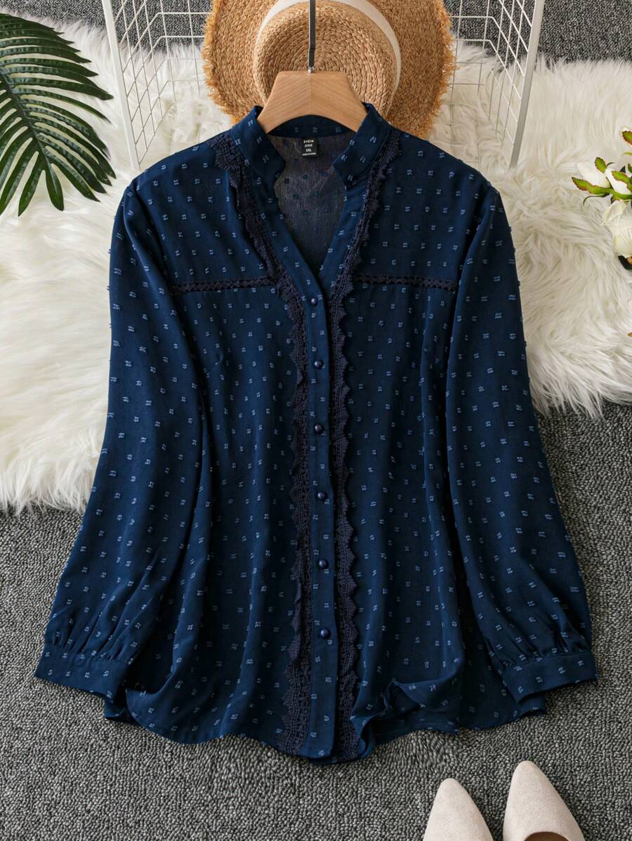 SHEIN LUNE Plus Swiss Dot Frill Trim Button Front Shirt - Navy Blue - View 1