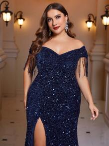SHEIN Belle Plus Off Shoulder Fringe Trim Split Thigh Sequin Formal Dress - Navy Blue - View 6