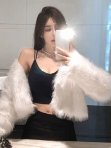 DAZY Solid Open Front Crop Fuzzy Coat Women Jacket,Fall Women Clothes Faux Fur Coat