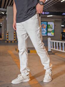Men Zipper Fly Solid Tapered Jeans - White - View 5