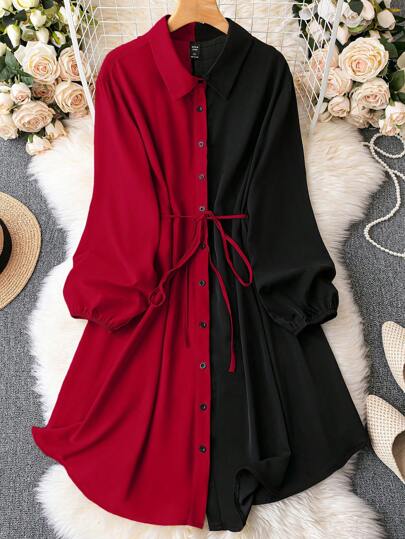 DreamSkyne Plus Two Tone Belted Shirt Dress Fall Cloth For Women