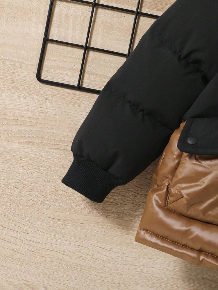 Baby Boy Two Tone Letter Patched Flap Pocket Hooded Padded Coat Without Sweater