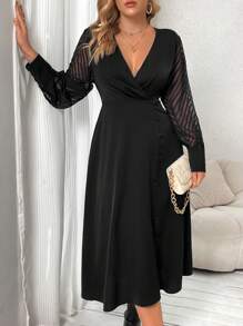 Franclia Plus Contrast Mesh Sleeve Overlap Collar Button Detail Dress