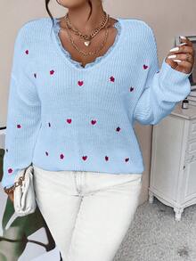Calvaya Plus Heart Embroidery Eyelash Lace Trim Drop Shoulder Sweater - Mint Blue - View 7