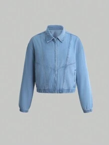 Teen Girl Drop Shoulder Elastic Hem Denim Jacket - Medium Wash - View 1