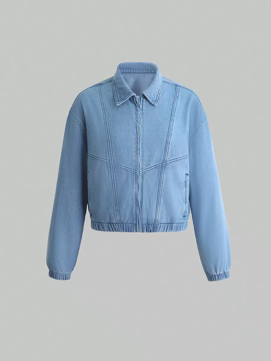 Teen Girl Drop Shoulder Elastic Hem Denim Jacket - Medium Wash - View 1