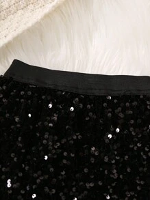 SHEIN 女小童拼接毛邊下擺亮片半身裙 - 黑色 - 查看 5