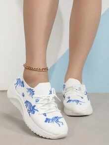 女款戶外印花圖案一腳蹬運動鞋 - 藍白色 - 查看 2