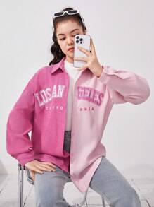 SHEIN 青少年女孩字母圖形兩色落肩襯衫 - 玫紅色 - 查看 1