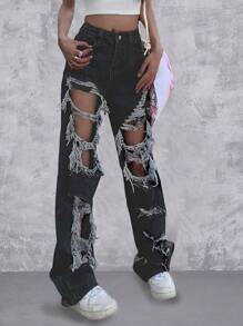High Waist Ripped Straight Leg Jeans - Black - View 1