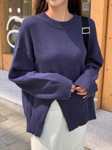 DAZY 素色落肩袖下擺開叉套頭毛衣 - 藏蓝色 - 查看 6