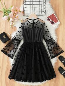 SHEIN 女大童星星印花荷葉袖網紗覆蓋洋裝 - 黑色 - 查看 2