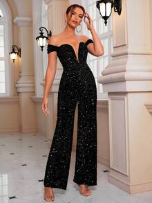 LOVE&LEMONADE Off Shoulder Sequin Wide Leg Party Jumpsuit - Black - View 6