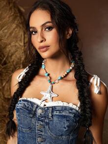 SHEIN VCAY Bohemian Style Natural Stone & Starfish Shaped Short Necklace - Turquoise - View 3