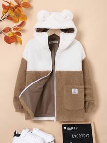 SHEIN Tween Boy Two Tone Letter Patched Detail Dual Pocket 3D Ears Design Hooded Coat - Multicolor - View 3