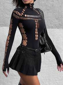 鏤空小高領連體衣 - 黑色 - 查看 5