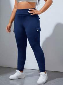 SHEIN EZwear Plus Flap Pocket Side Leggings - Navy Blue - View 3