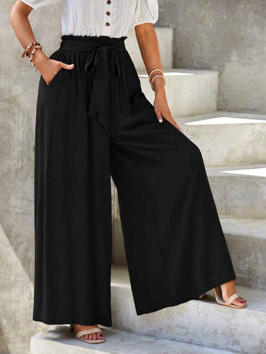 SHEIN LUNE 紙袋腰束帶闊腿褲 - 黑色 - 查看 1